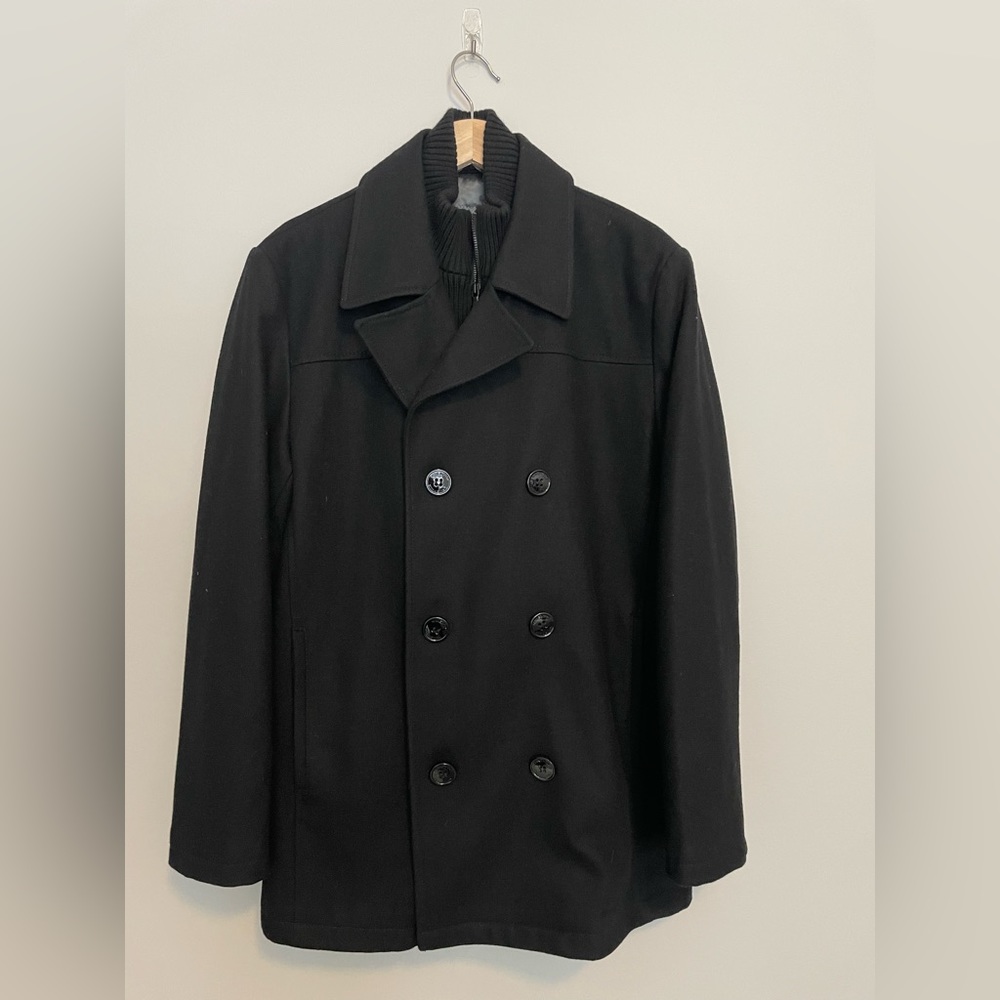 Brand New Kenneth Cole Men’s Double Breasted Peacost with Sweater Bib
